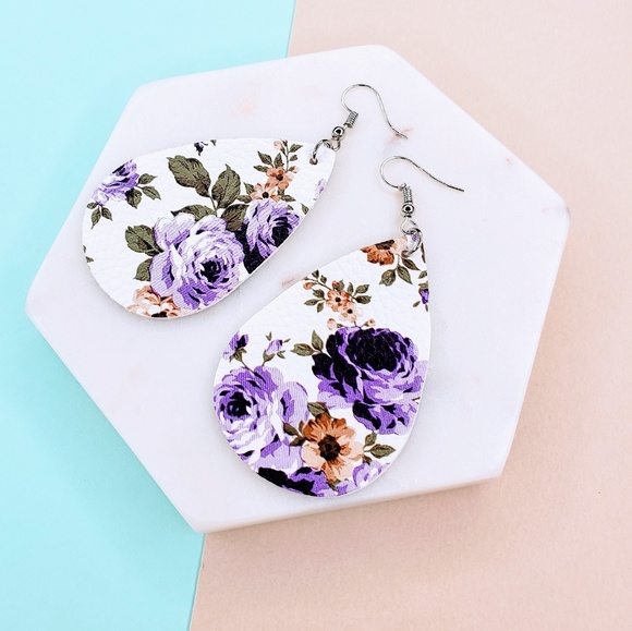 Purple Flower Print Leather Leaf Earrings - Picture 2 of 4